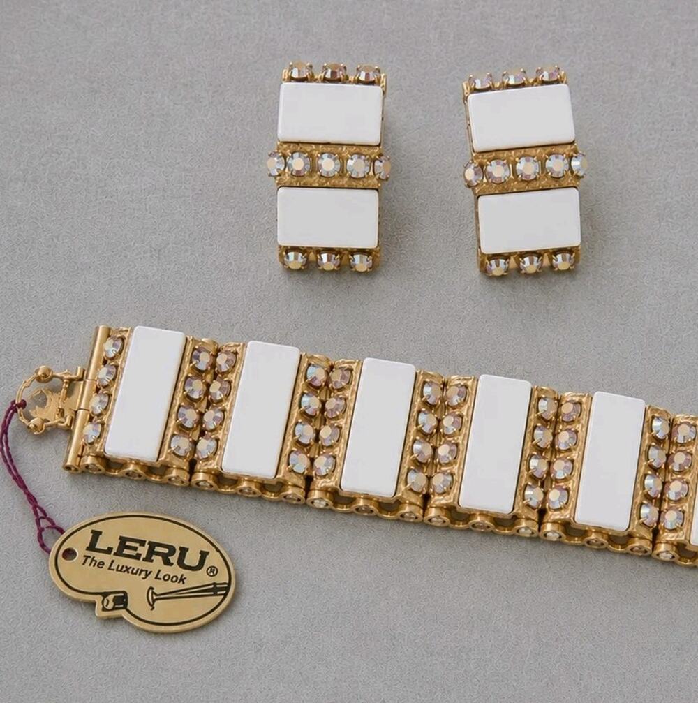 Leru White Lucite AB Rhinestone Bracelet Earrings Set Gold Tone Mod 1960s New